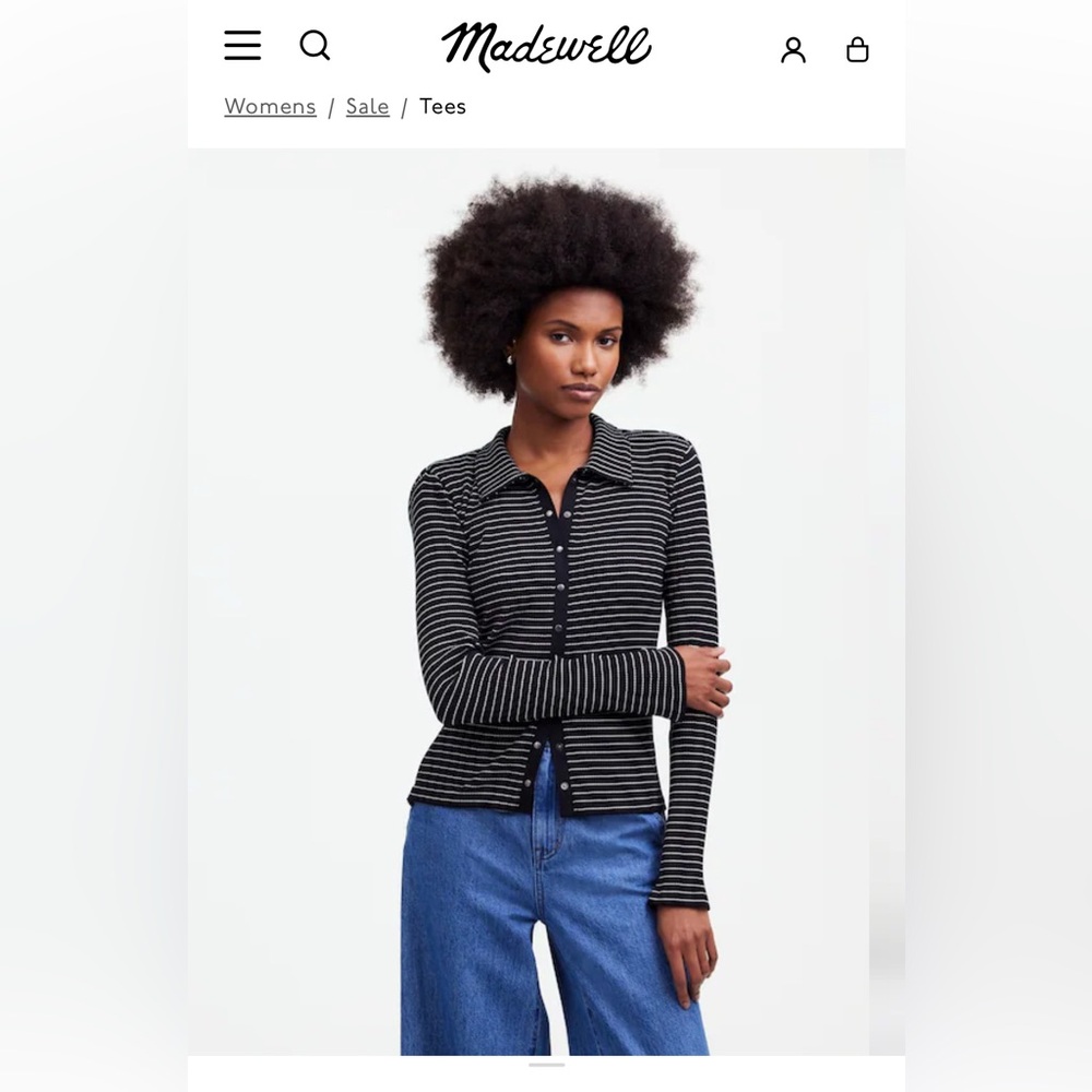Madewell Snap-Front Cardigan Long Sleeve Ribbed Top Black/White Size S